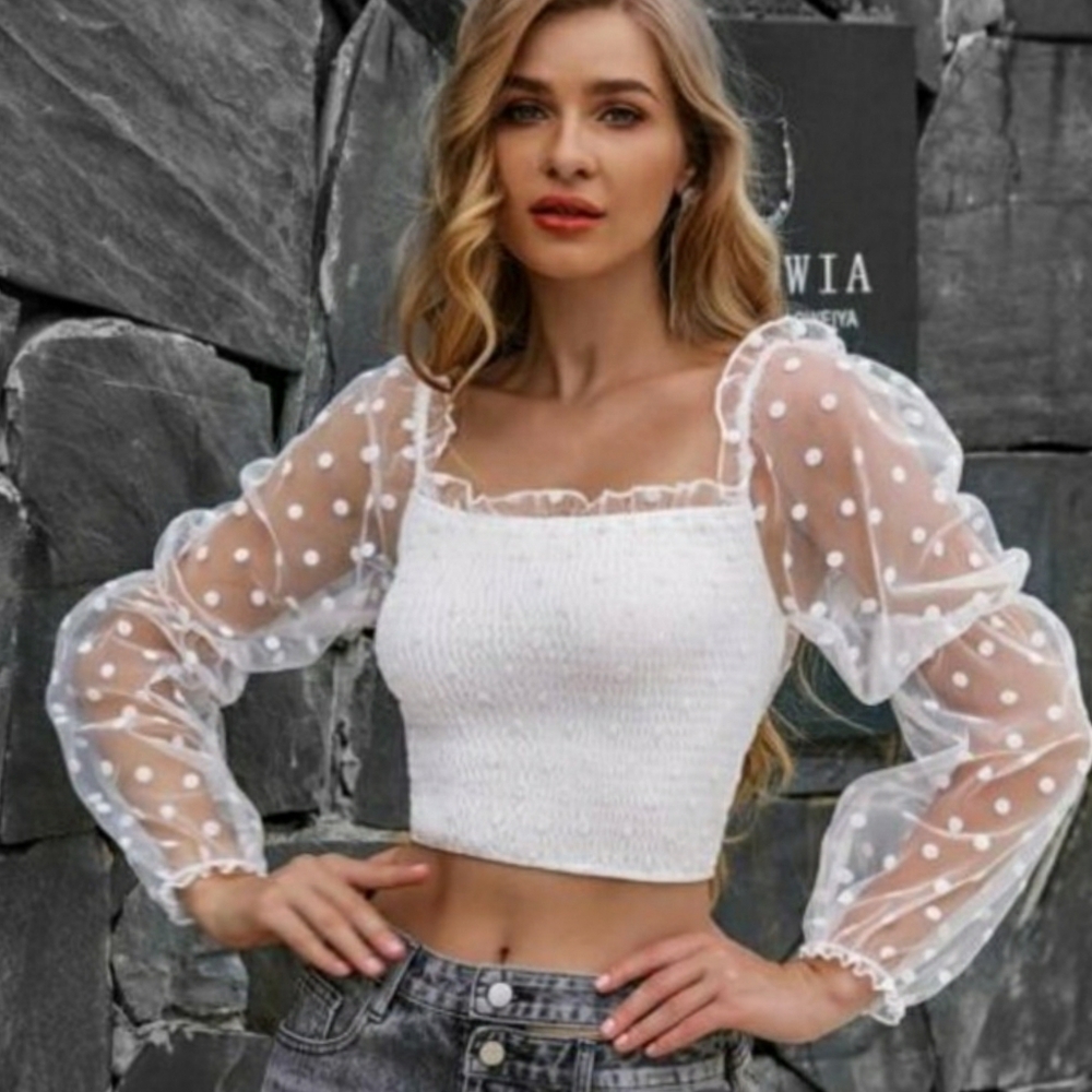 YILIBASHA White Polka Dot Mesh Sleeve & Back Smock White Off Shoulder Top L NWT